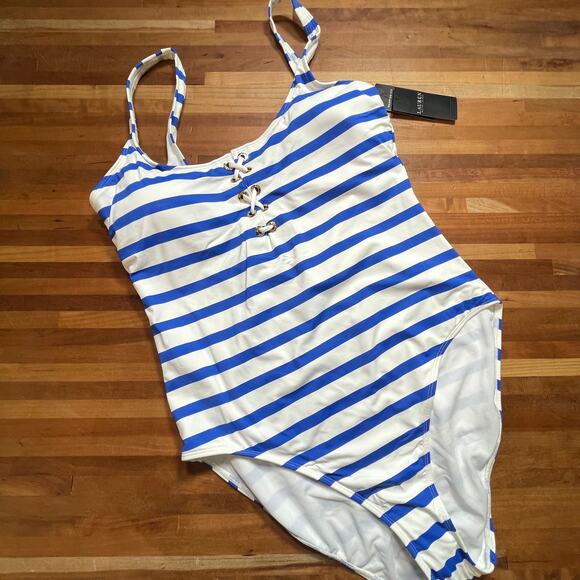 LAUREN Ralph Lauren Port Stripe Tank One-Piece swimsuit  Blue/White 16 - Picture 1 of 14